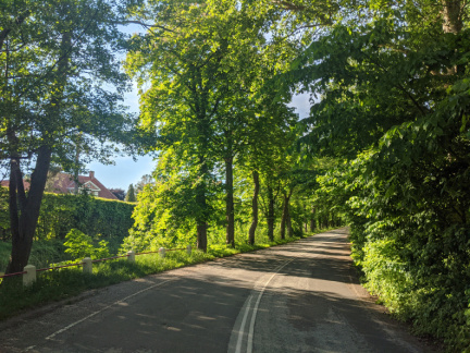 Et stykke glemt landevej, der med sine oprindelige autoværn har ligget i en tidslomme siden ca 1990 hvor vejen blev omlagt. Til venstre herregården Bramstrup.